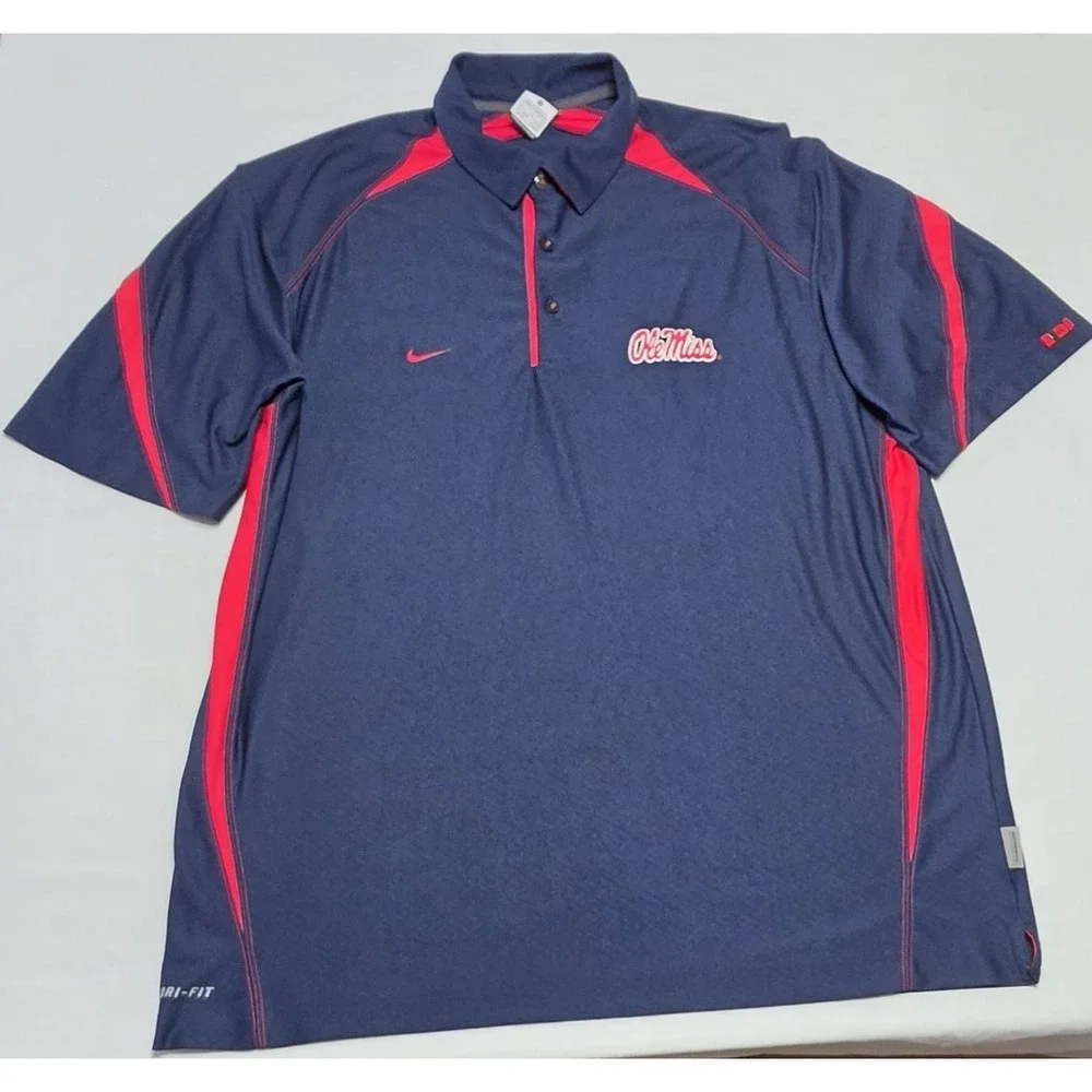 Ole Miss Rebels Nike Dri Fit Polo Shirt Men's Size XL  Blue & Red Football/Golf